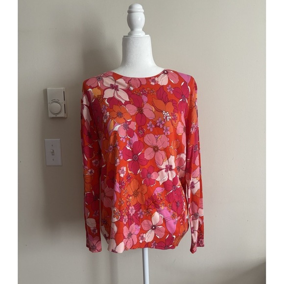 Talbots Tops - Talbots Womens Petite Large Pullover Top Floral Pink Orange Cotton Preppy Casual